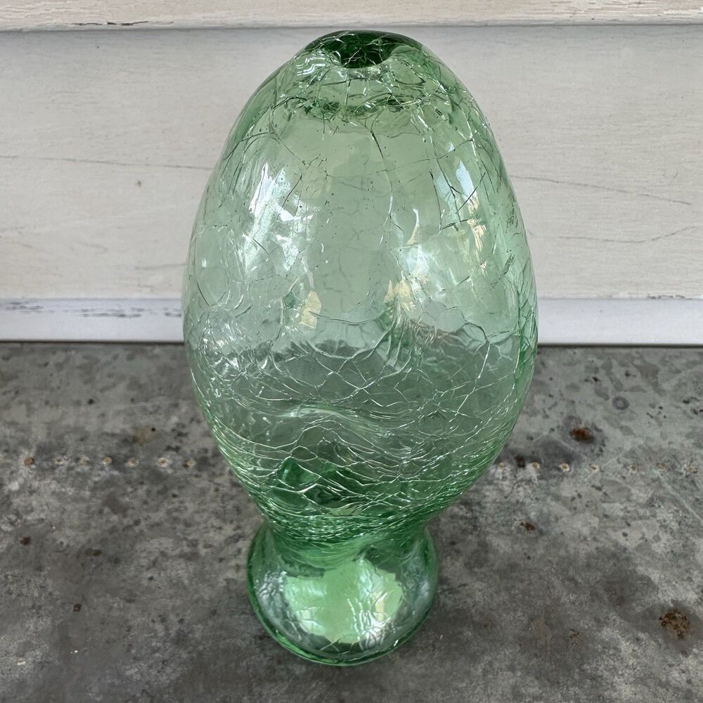 Vintage Pier 1 Green Crackle Glass Oil Lamp Base Vessel Urn Candle Holder 8”